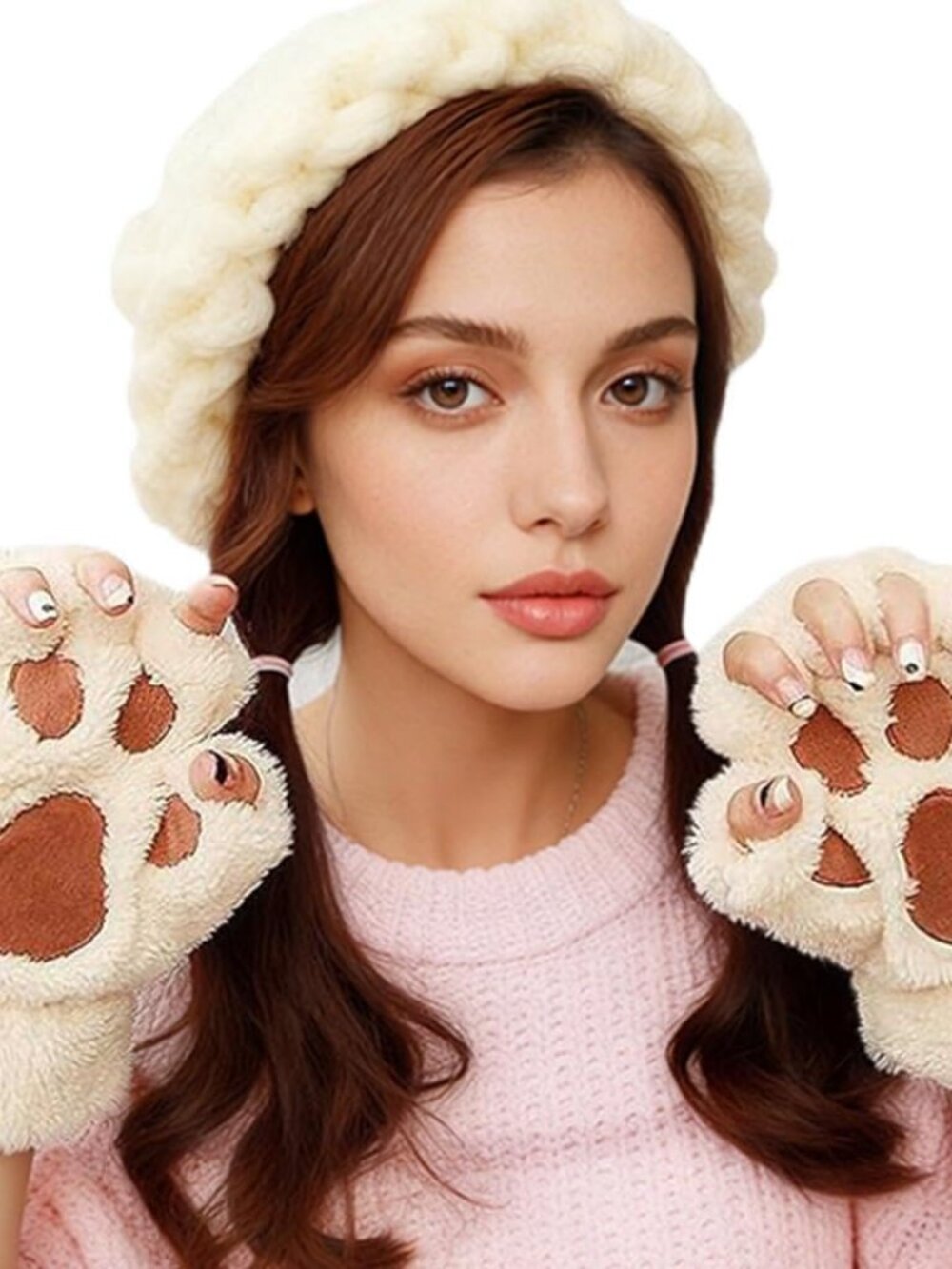 Cute Cat Paw Gloves Winter Soft Warm Fingerless Cosplay Faux Fur Plush Glove Kaw